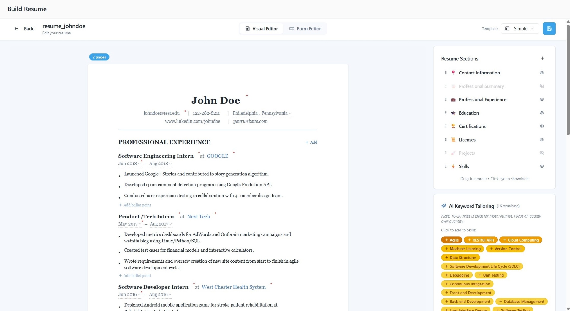 Career Cortex Resume Builder — create professional resumes with AI-powered templates and inline editing